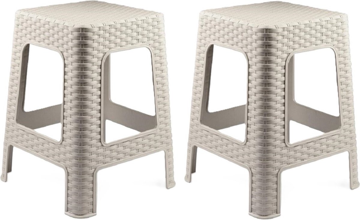 Plasticforte zit/bijzet krukje - 2x - Rotan line - beige - kunststof - 28 x 28 x 45 cm - opstapje