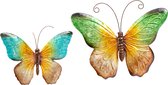 Anna Collection Wanddecoratie vlinders - 2x - blauw/groen - 32 x 24 cm/44 x 32 - metaal - muurdecoratie/schutting - dieren beelden