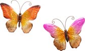 Anna Collection Wanddecoratie vlinders - 2x - roze/oranje - 32 x 24 cm - metaal - muurdecoratie - tuin beelden van dieren