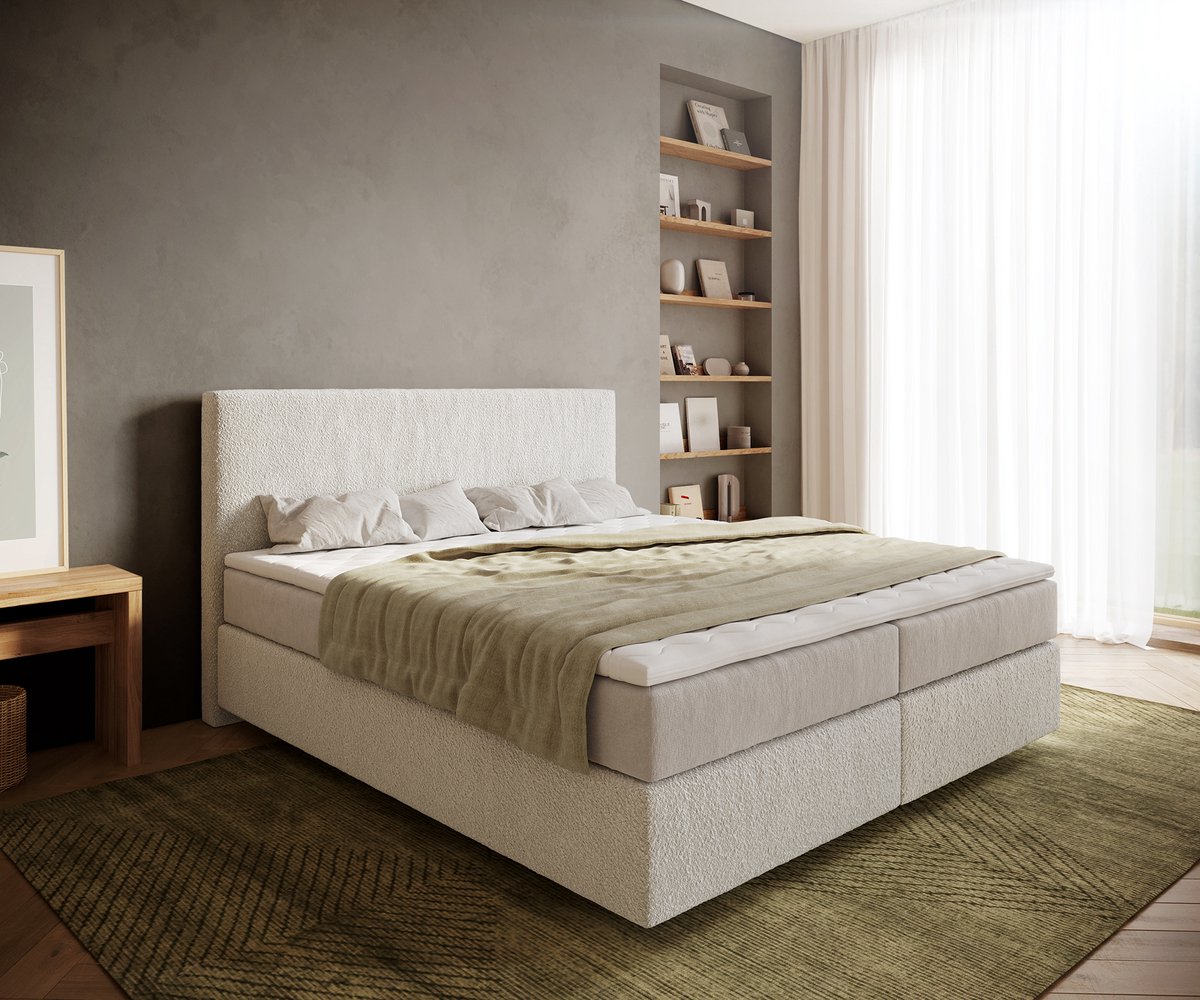 DELIFE Boxspringbed Dream-Well Bouclé Crème-Wit 180x200 cm met Pocketveringmatras en Topper Visco Creme-Weiß