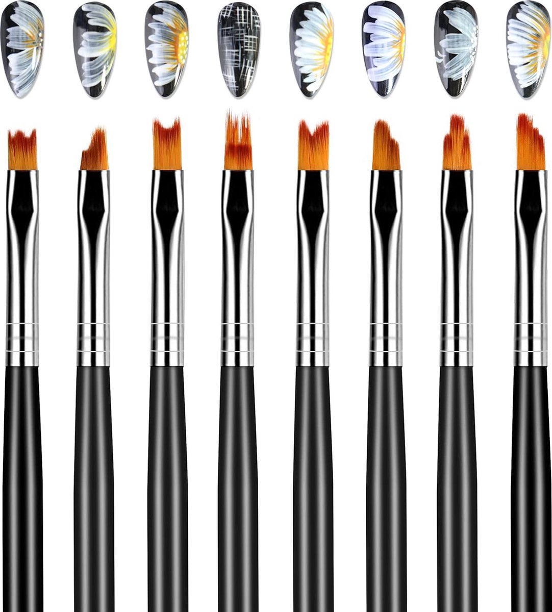 Goedkoopste 8 stuks functie nagelborstel, tekennagels penseel, nagelontwerp schildergereedschap set voor geschilderd, Franse manicure, patronen en bloemen, nagelkunst, doe-het-zelf en professioneel
