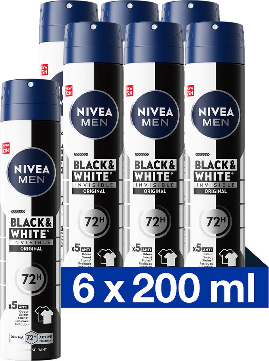 Goedkoopste NIVEA MEN Invisible for Black & White Original Anti-Transpirant Spray - Geen witte of gele vlekken - Quickdry - Alcoholvrij - Beschermt 72 uur - 6 x 200 ml