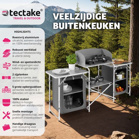 tectake - Campingkeuken 116x52x107cm, Grijs | Leen Bakker