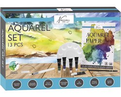 Aquarel Set 13pcs - Hobbyverf - Aquarelverf - Aquarelpapier Blok A4 - Aquarelverf Tubes - Aquarel Penselen - Hobbyverf - HB Potlood - Waterbrush - Schilderpalet