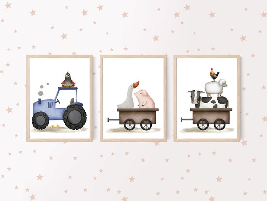 Set de 3 Affiches Affiches Ferme Colorées pour Chambre Kinder et de Bébé - 30x40 cm - Format A3