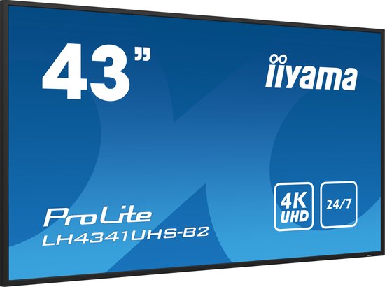 43 inch iiyama ProLite LH4341UHS-B2 monitor met 4K UHD resolutie en 24/7 werktijd.