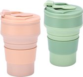 Opvouwbare siliconen beker, 350 ml, opvouwbare koffiemok, opvouwbare reisbeker, vouwbeker met deksel, BPA-vrij, klapbeker voor camping (groen + roze)