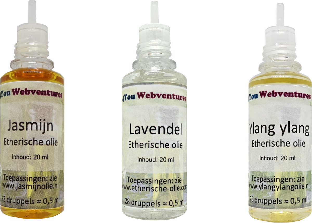 Goedkoopste Etherische olie set bloemengeuren 3 x 20 ml - 20 ml jasmijnolie - 20 ml lavendelolie - 20 ml ylang ylang olie - essentiële oliën met een bloemen geur - bloem - plant - essential oils flower scents - jasmijn - lavendel - ylang ylang