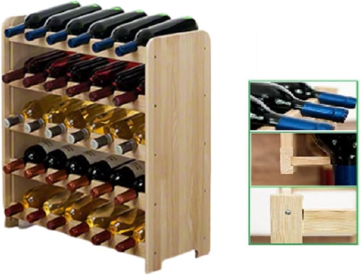 Wijnrek Hout wijnrek- Bottle Rack 65x63x265 cm (LxBxD) Massief Hout 30 flessen Flessenrek Modulair en Stapelbaar Flessenhouder Staand