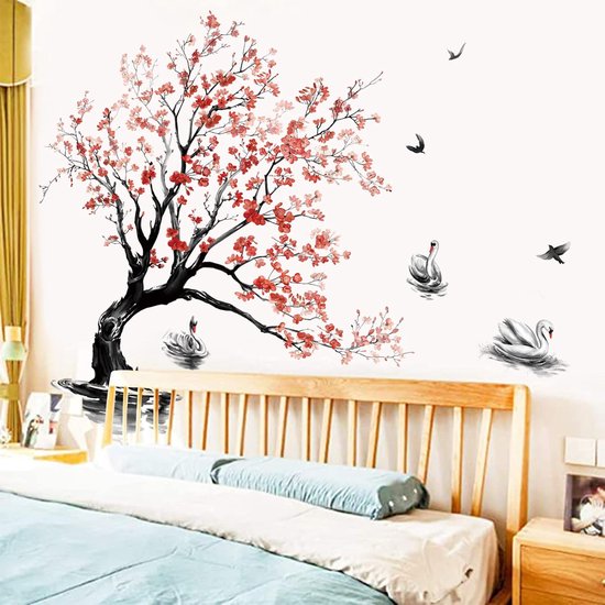 Stickers muraux arbre avec Bloem bleue, aquarelle, fleur, autocollant mural floral pour chambre à coucher et salon, Décoration murale pour canapé et fond de télévision
