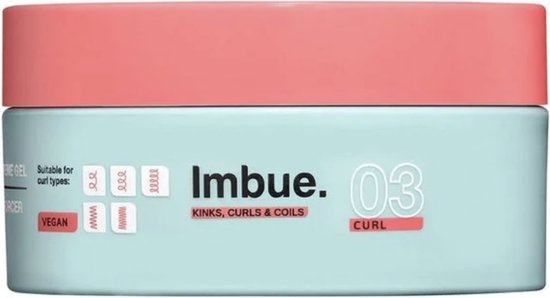 Imbue 03 Curl crème gel in lichtblauwe pot met roze deksel. Geschikt voor krultypes: kinks, curls & coils. Vegan.