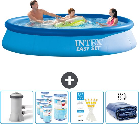 Intex Rond Opblaasbaar Easy Set Zwembad - 366 x 76 cm - Blauw - Inclusief Pomp Filters - Testrips - Solarzeil