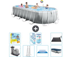 Intex Ovaal Prism Frame Zwembad - 610 x 305 x 122 cm - Grijs - Inclusief Pomp - Ladder - Grondzeil - Afdekzeil Onderhoudspakket - Filters - Solar Mat