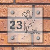 Naambordje voordeur - naambordjes - naambordje voordeur met huisnummer - naambordje huisnummer - bloem - 15x15cm - Plexiglas (transparant) - Incl. Bevestigingsset + afstandhouders | Vierkant, variant #23