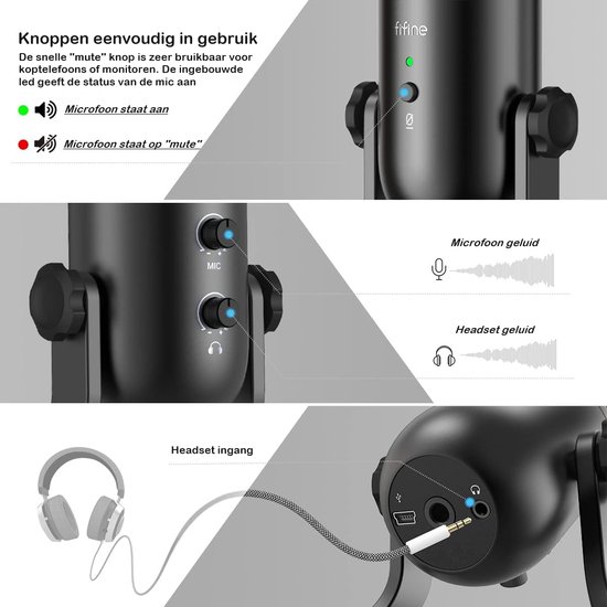 Gedetailleerde afbeelding van Fifine K678 microfoon: knoppen, LED indicatoren, geluidsgolven en headset aansluiting.