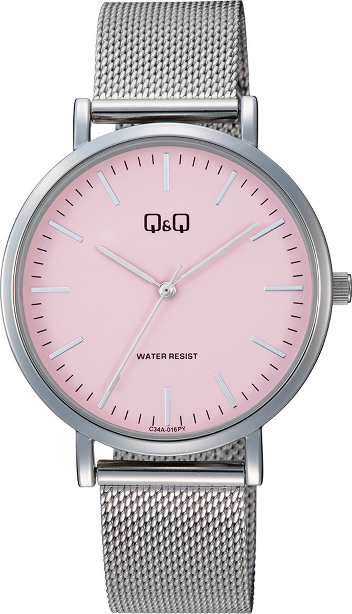 QQ C34A-016PY - Horloge - Analoog - Unisex - Milanese-Mesh stalen band - Rond - Metaal - Streepjes - Zilverkleurig - Roze