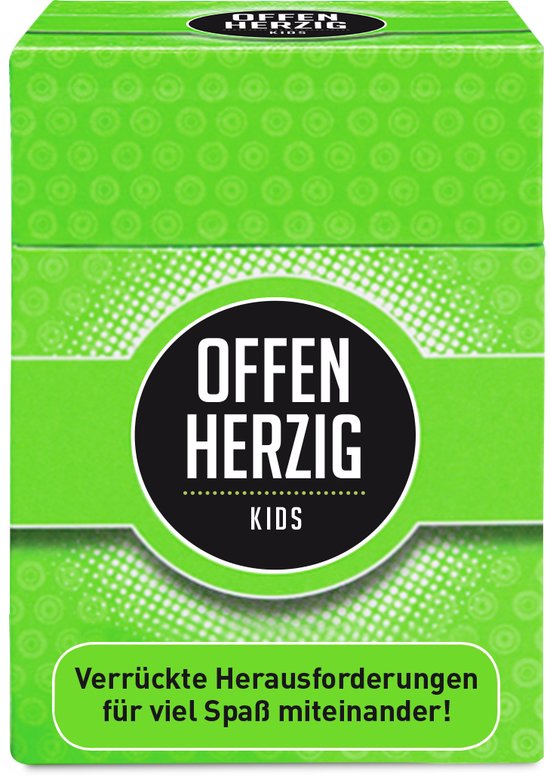 Groene kaartspeldoos met cirkelvormig 'Offenherzig Kids' logo en tekst in het midden.