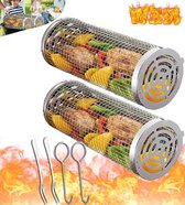 RVS Cilindrische Grillmand met Rooknet voor Groente - Draaispies BBQ Accessoire Rotating Grill Basket
