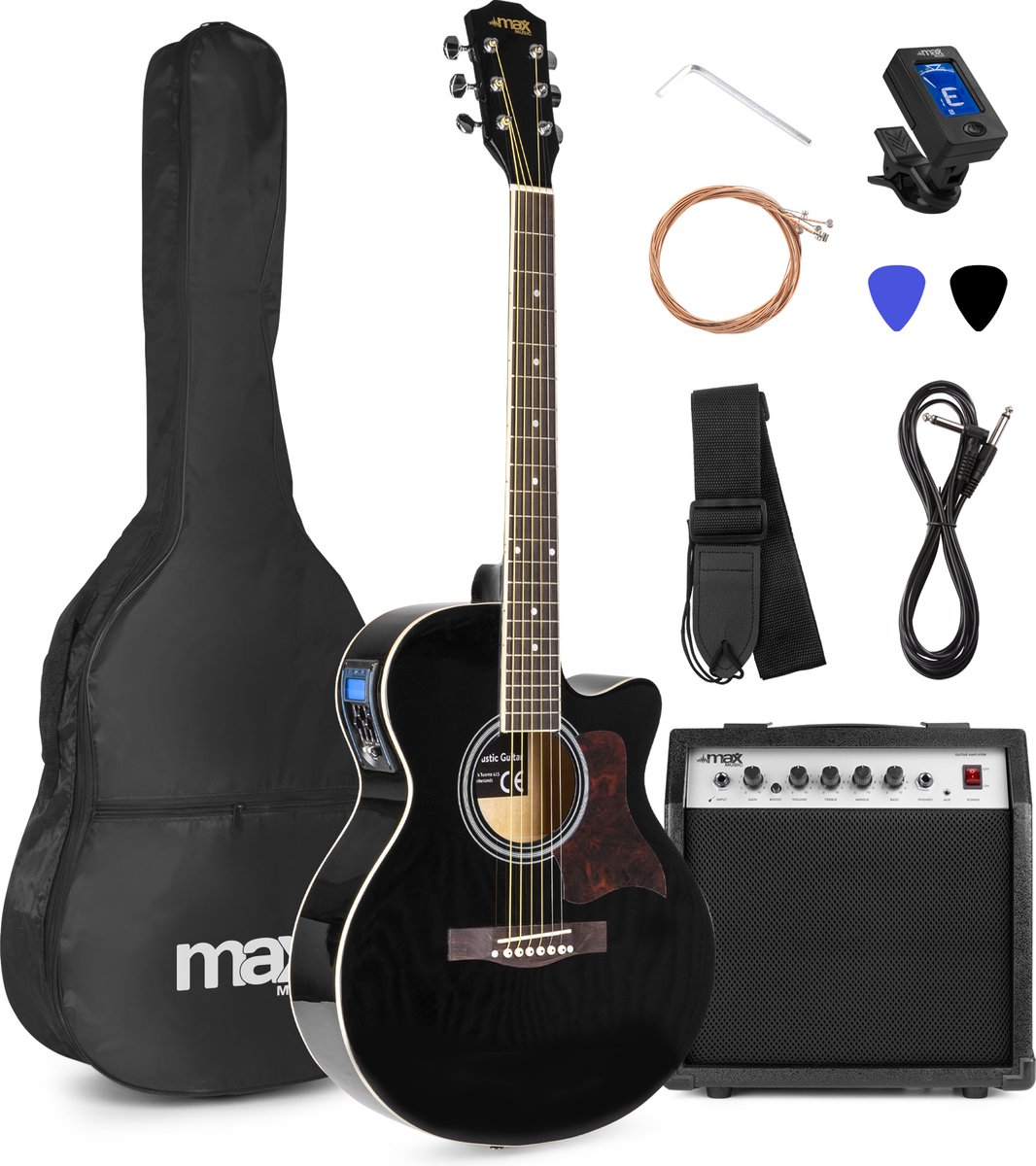 Elektrisch akoestische gitaar - MAX ShowKit gitaarset met 40W gitaar versterker, gitaar voetenbankje, gitaar stemapparaat, gitaartas en plectrum - Zwart
