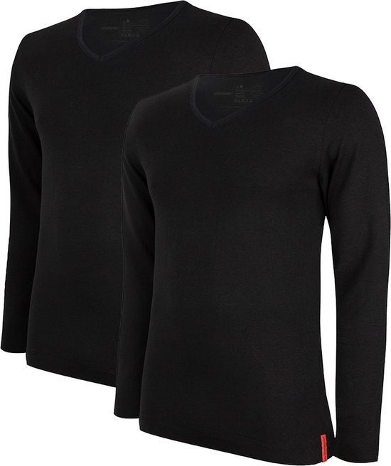 Undiemeister - T-shirt - T-shirt homme - Coupe slim - Manches longues - En Mellowood - Col en V- Volcano Ash (noir) - Lot de 2 - S