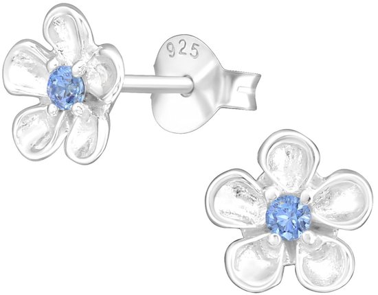 Joy|S - Zilveren bloem oorbellen - 7 mm - zilver met blauwe zirkonia - oorknoppen