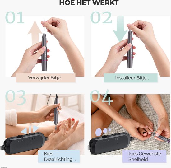 FOOCCA® Elektrische Nagelvijl - Nagelfrees 20000 RPM - Bedraad - FOOCCA Pen - 12 Bitjes + 55 Schuurrolletjes - Manicure en Pedicure Set - Ergonomische Aluminium Behuizing - Eeltverwijderaar - Kalknagels