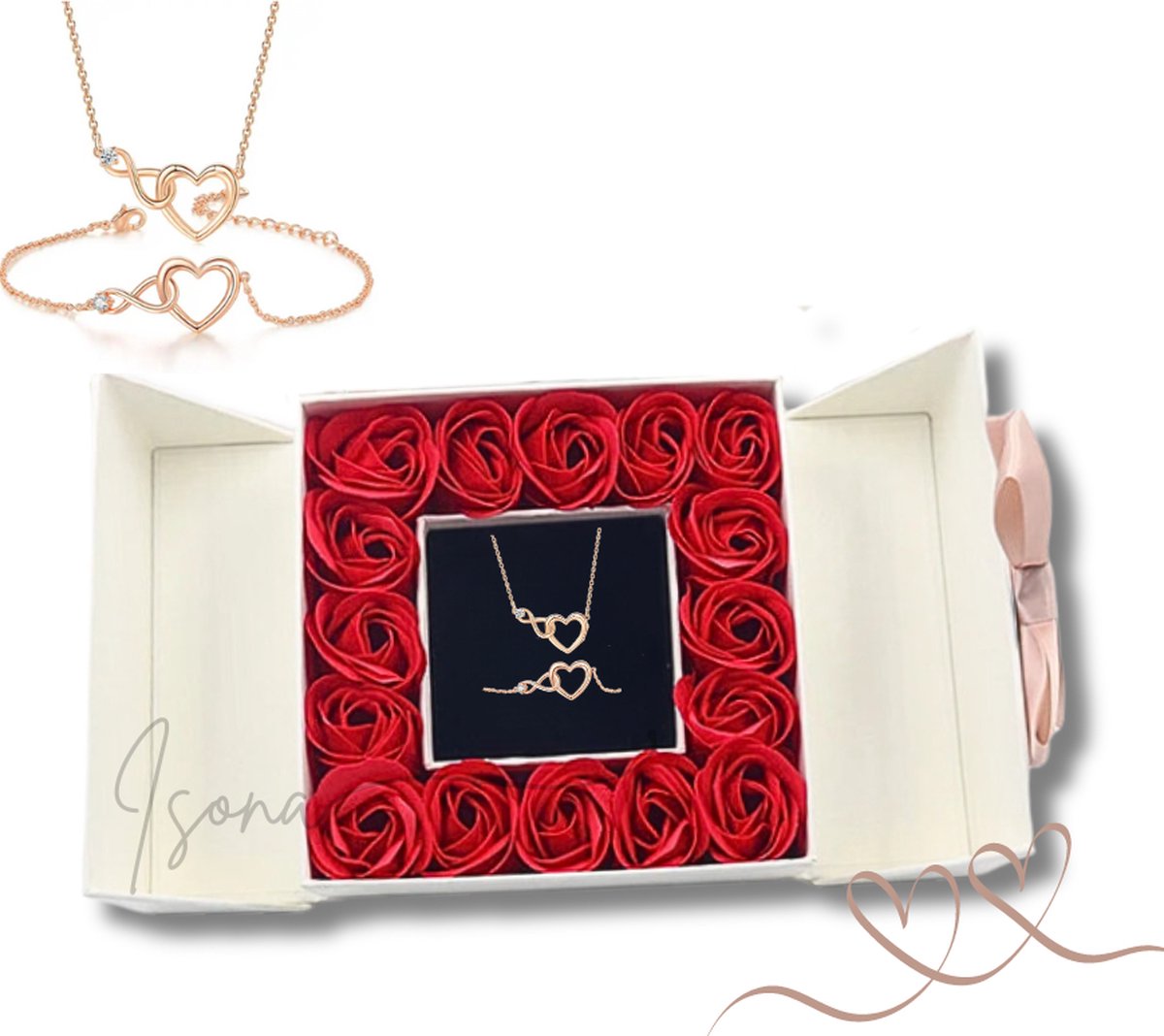 Goedkoopste Isona Cadeau voor Vrouw - Cadeaurozen - Ketting en Armband - Sieradendoos - Luxe Geschenkset vrouwen - Verjaardagscadeau - Geschenkdoos - Juwelen - Badzeep Rozen - Giftset - Liefde - Relatie - Vriendschap - Kerst - Kerstmis - Wit - Rose Goud