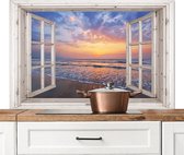 Spatscherm keuken 120x80 cm - Kookplaat achterwand Doorkijk - Zee - Strand - Zonsondergang - Blauw - Muurbeschermer - Spatwand fornuis - Hoogwaardig aluminium
