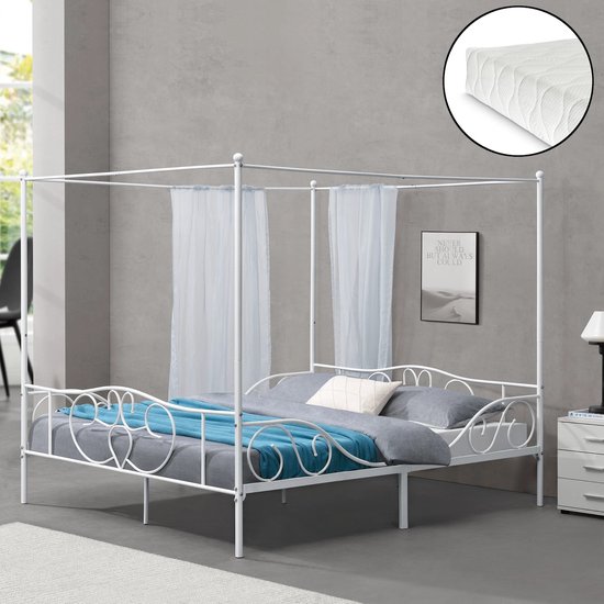 In And OutdoorMatch Metalen hemelbed Aiyana - met bedbodem en matras - 180x200 cm - wit - stabiel frame - minimalistisch design