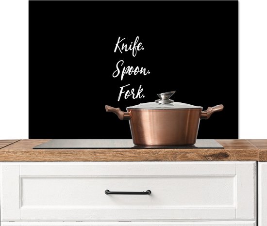 Foto: Spatscherm keuken 90x60 cm kookplaat achterwand knife spoon fork keuken bestek quotes spreuken muurbeschermer spatwand fornuis hoogwaardig aluminium