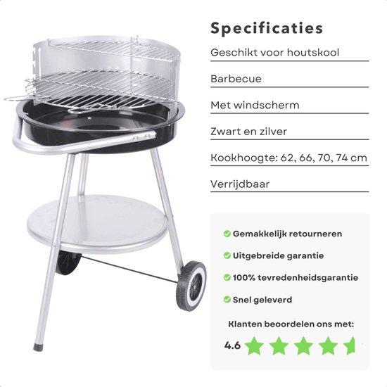 Cheqo® Luxe Houtskoolbarbecue - Barbecue - BBQ Verrijdbaar - 4 Kookhoogtes - Grillrooster ø42.5 cm - Met Windscherm - 2 Grillhandvaten - 4.2 kg van Cheqo — afbeelding 2