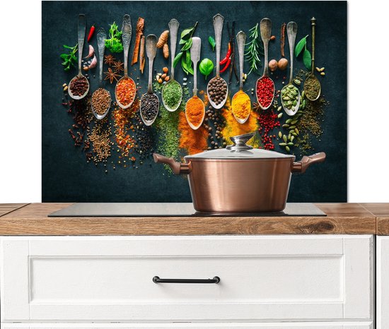 KitchenYeah® Crédence de cuisine 80x55 cm - Fond de plaque de cuisson - Épices - Cuillères - Cuillères - Protecteur mural - Crédence de poêle - Aluminium de haute qualité - Décoration murale industrielle