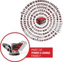 Een schuurmachine is onderdeel van de 'Power X-Change Family', weergegeven in een cirkelvormige collage van Einhell-producten.