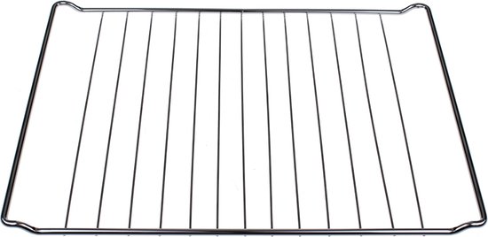 Zilveren ovenrooster met rechthoekig frame en parallelle staven.
