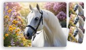 Placemats - 6 stuks 42 x 30 cm bedrukt met Wit paard bij bloemen en 10 bijpassende onderzetters 10 x 10 cm
