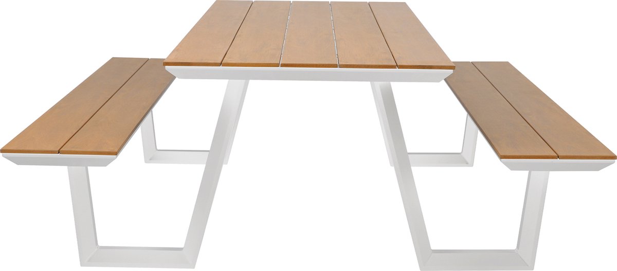 AXI Nori Picknicktafel met 2 banken Wit met Teak-look Polywood – Gepoedercoat aluminium frame – Tafel en banken met Polywood tafelblad en zitvlak - 200x190cm
