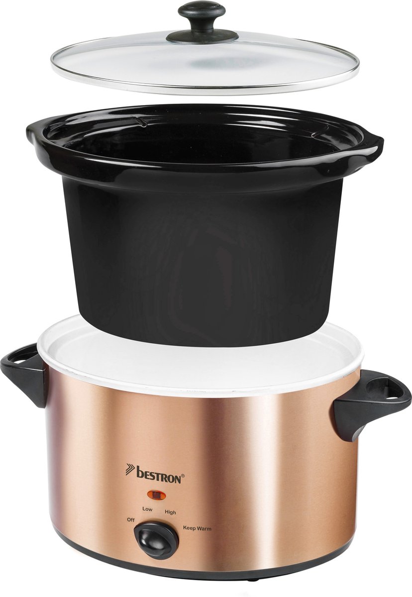 Afbeelding 2 van Bestron Slowcooker, met 3 programma's, keramische pan & glazen deksel, voor 4 Personen, 3.5L capaciteit, vatwasserveilig, 180 Watt, Copper Collection, kleur: Koper
