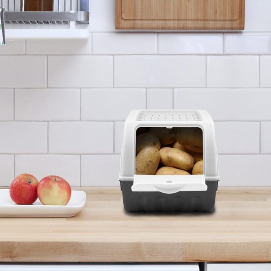 boîte de conservation pour légumes et fruits, boîtes de conservation empilables avec couvercle ventilé pour pommes de terre, oignons, boîtes de conservation avec étiquettes, 29x19x19cm 7,7L, Rouge et Wit, Set de 2