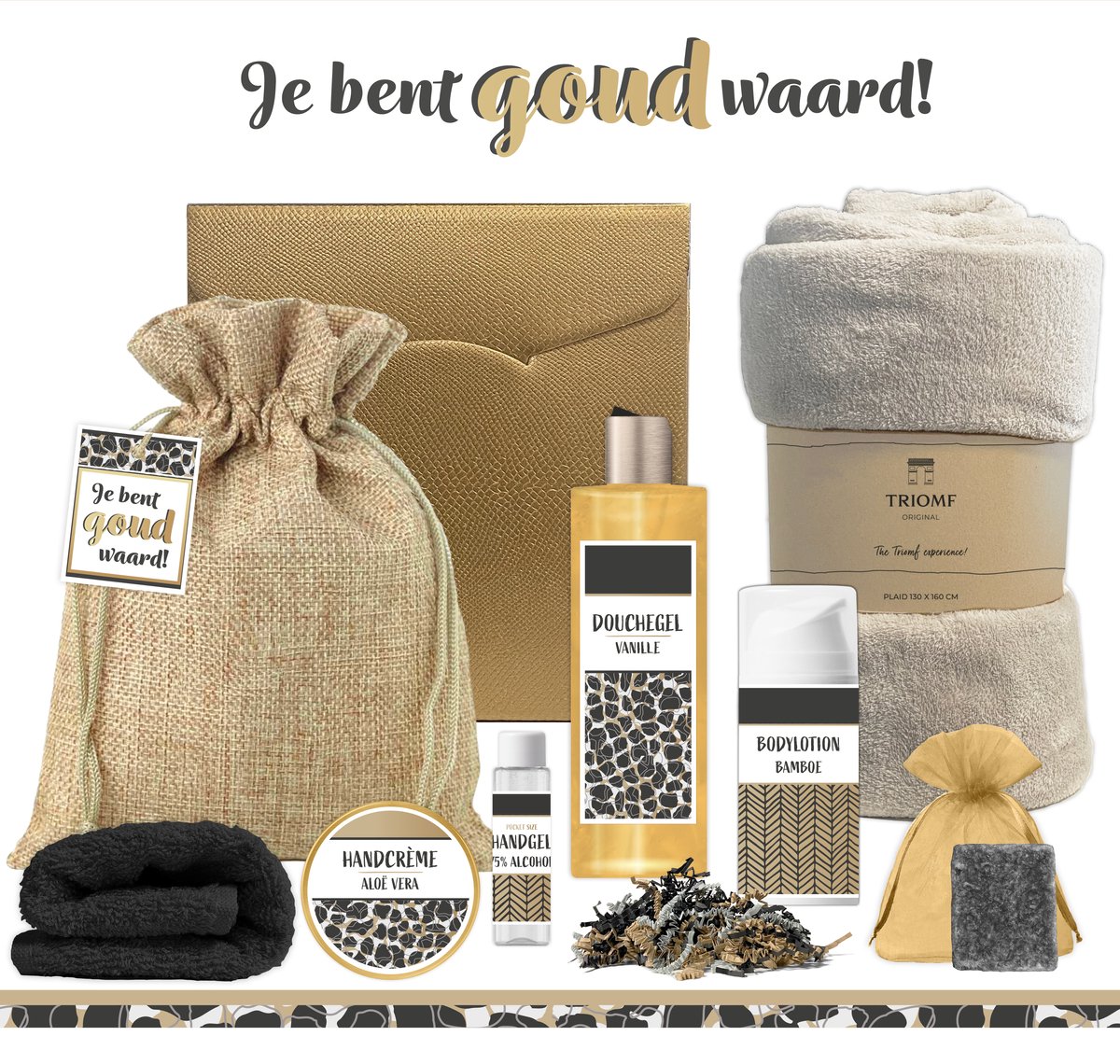 Goedkoopste Geschenkset “Je bent goud waard!” - 8 producten - 1070 gram | Luxe Cadeaubox voor haar - Wellness Pakket Vrouw - Giftset Vriendin - Cadeaupakket Collega Vrijwilliger Zorg - Verjaardag - Moeder Moederdag - Kerstpakket Kerst Cadeau - Panter Goud Zwart