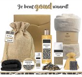 Geschenkset “Je bent goud waard!” - 8 producten - 1070 gram | Luxe Cadeaubox voor haar - Wellness Pakket Vrouw - Giftset Vriendin - Moeder - Cadeaupakket Collega - Cadeau Zus - Verjaardag Oma - Moederdag - Kerstpakket - Kerst Cadeau - Goud - Bruin