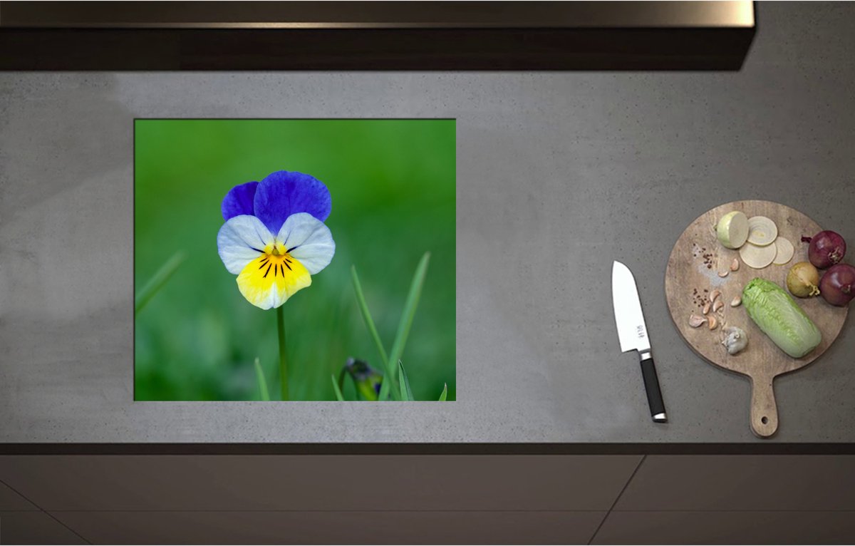 Inductieplaat Beschermer - Blauw met Gele Tuinviool in Grasveld - Bloemen - 57x50 cm - 2 mm Dik - Inductie Beschermer - Bescherming Inductiekookplaat - Kookplaat Beschermer van Wit Vinyl