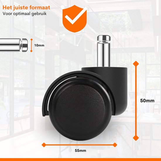 YUCONECT Bureaustoel Wielen 10 Mm – Set Van 5 Rubberen Zwenkwielen Voor IKEA Stoelen, Tot 300 Kg, Parket En Laminaat Veilig