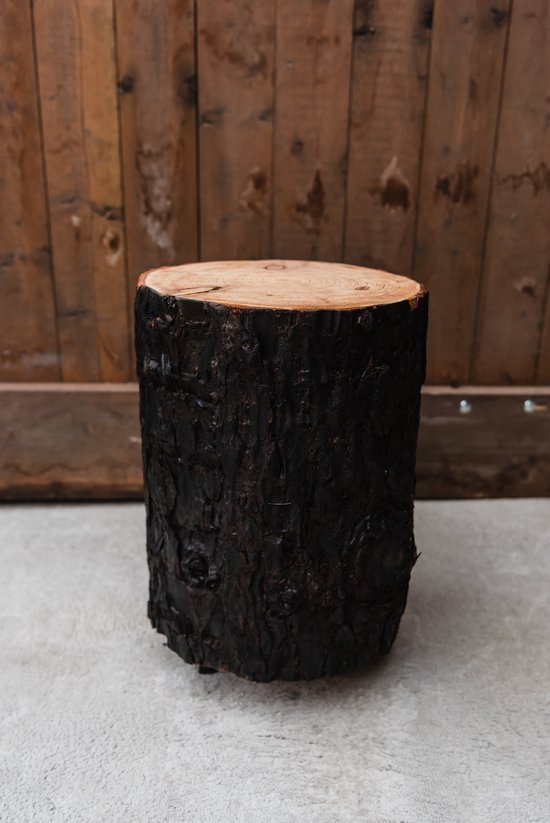 Table tronc d'arbre de 35 cm de hauteur avec écorce noire incluant roulettes noires