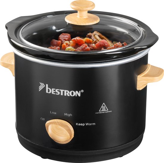 Bestron Slowcooker 120W - ASC150BW - 1.5L - Keramische binnenpan - Zwart/Hout - 5 jaar garantie