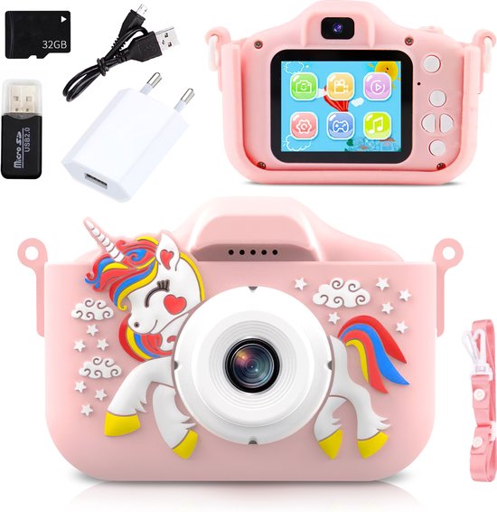 MOENS - Digitale Kindercamera – Creatief Speelgoed - Speelgoed - Unicorn Speelgoed - Speelgoedcamera - Unicorn - Roze Unicorn - Fototoestel voor Kinderen - 32GB SD-kaart en Accessoires – 48MP - Kado - Cadeau