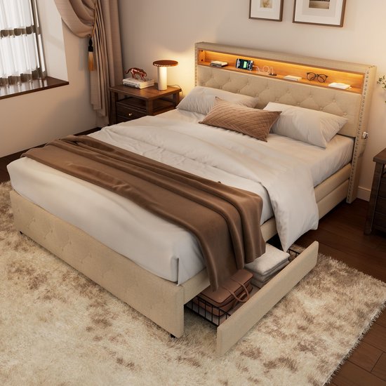 Sweiko Gestoffeerd bed, 160*200cm, met lattenbod en hoofdeinde, LED bed, nachtkastUSB interface, zakontwerp aan beide zijden van nachtkastje, met 4-laden, zonder matras, linnen, Beige