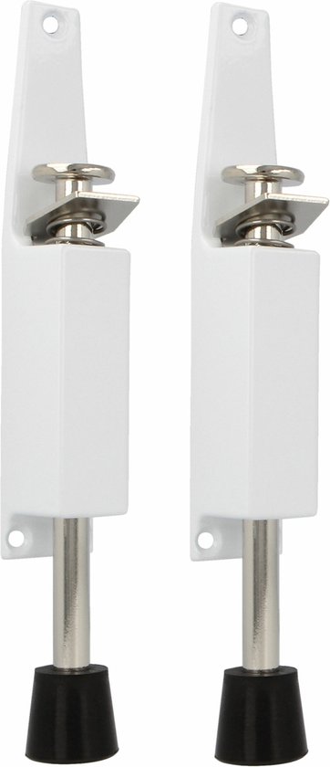 Twee witte deurvastzetters met metalen veer en voetbediening, naast elkaar geplaatst.