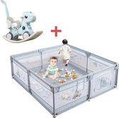 Baby Speelbox - Grondbox - Inclusief 60x Speelballen - Blauw Hobbelpaard met armleuningen - Kruipbox met opbergtas - Kinderbox - Playpen -180 x 150 x 65cm - Grijs