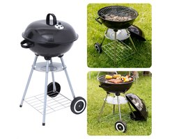 Kogelbarbecue op Wielen - Barbecue - BBQ - Kogelgrill - Houtskoolbarbecue - 46cm Diameter - 78cm Hoogte - 70cm Kookhoogte - Gepoedercoat - Verrijdbaar - Met Voorraadrek - Handgreep - Zwart - Inclusief EBOOK
