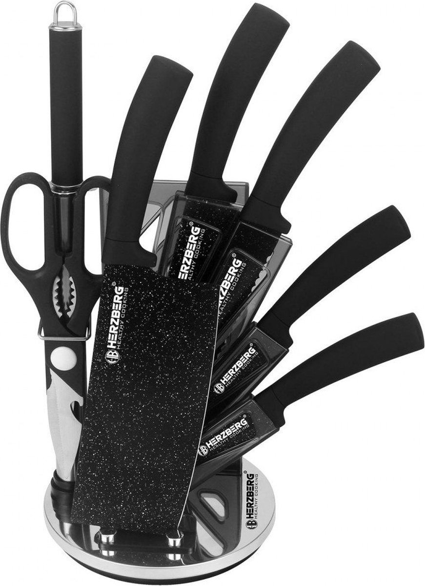 8 stuks messen set met acrylstandaard - zwart marmer